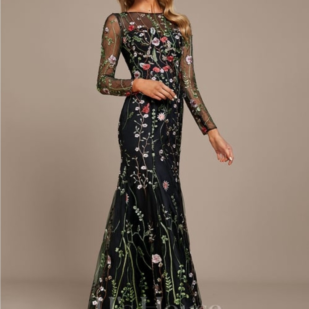JJs House Black/Floral Sheer Sleeve Formal Gown